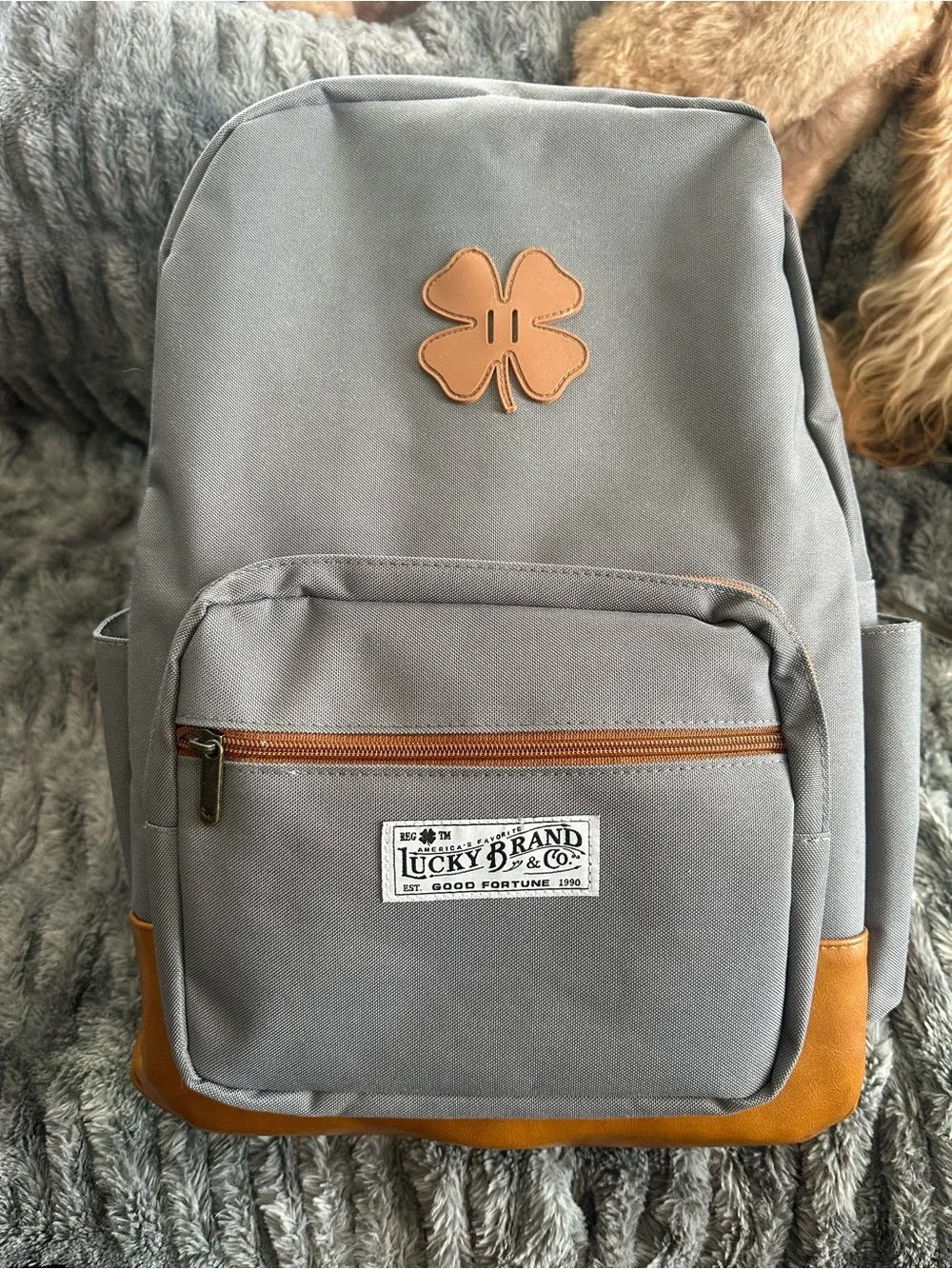 Lucky Brand Gray Backpack with Tan Accents and Clover Patch